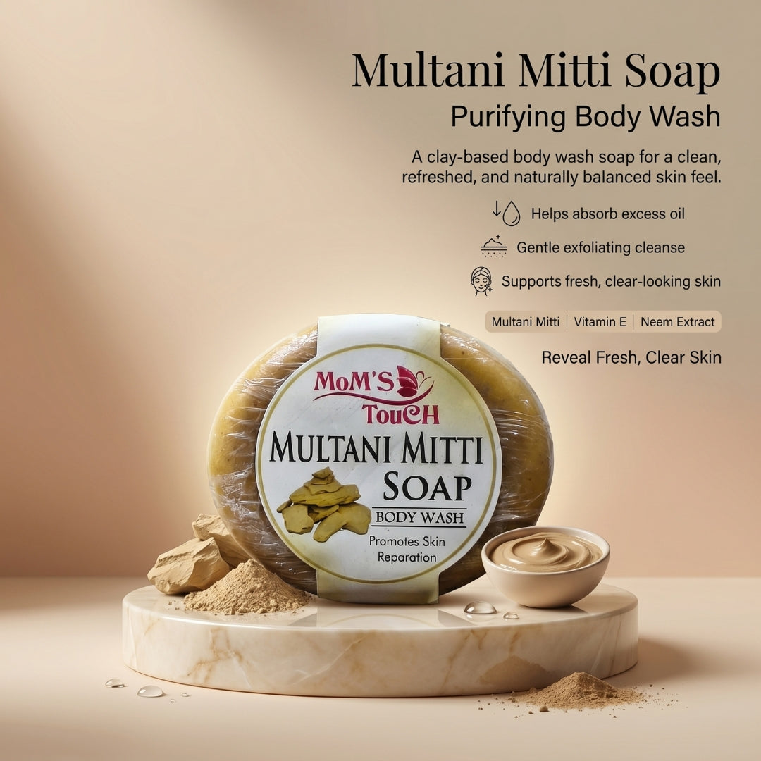 MoM'S TouCH ® MuLTANi MiTTi SoAP | ReMoVeS BLACKHeADS & WHiTeHeADS | WiTH VITAMIN-E & NEEM EXTRACT | BoDY WASH | 90gm |
