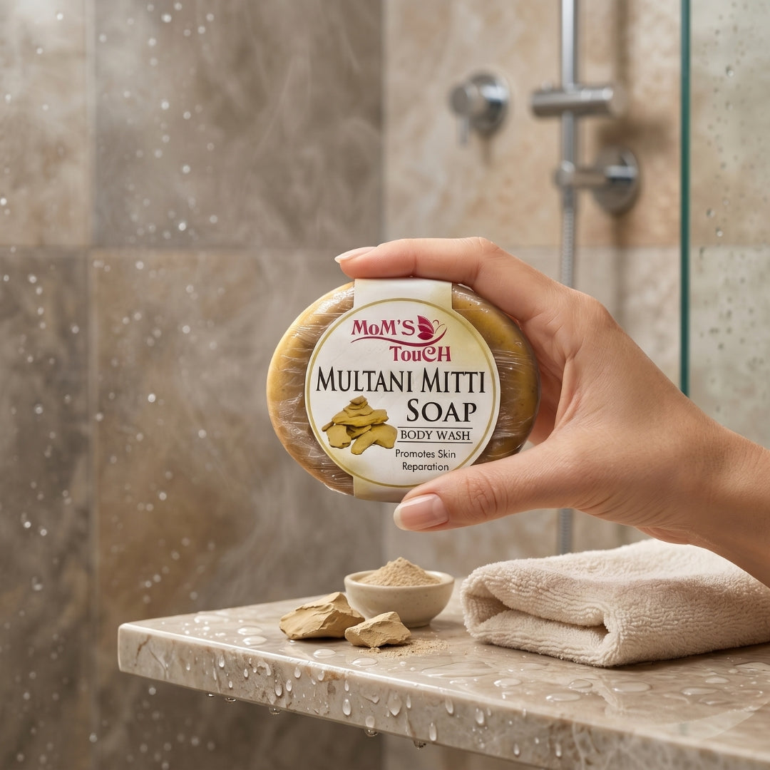 MoM'S TouCH ® MuLTANi MiTTi SoAP | ReMoVeS BLACKHeADS & WHiTeHeADS | WiTH VITAMIN-E & NEEM EXTRACT | BoDY WASH | 90gm |