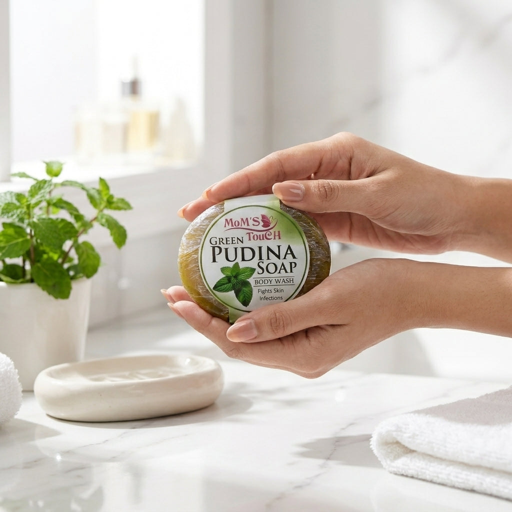 MoM'S TouCH ® GReeN PuDiNA SoAP | FiGHTS SKiN INFeCTioNS | WiTH VITAMIN-E & NEEM EXTRACT | BoDY WASH | 90gm |