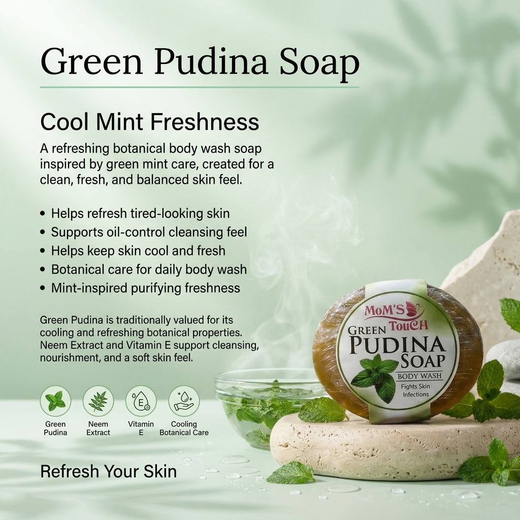 MoM'S TouCH ® GReeN PuDiNA SoAP | FiGHTS SKiN INFeCTioNS | WiTH VITAMIN-E & NEEM EXTRACT | BoDY WASH | 90gm |